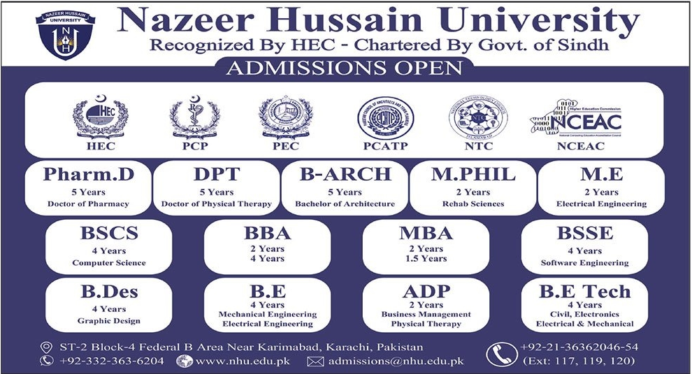 Admission Open in Nazeer Hussain University Karachi